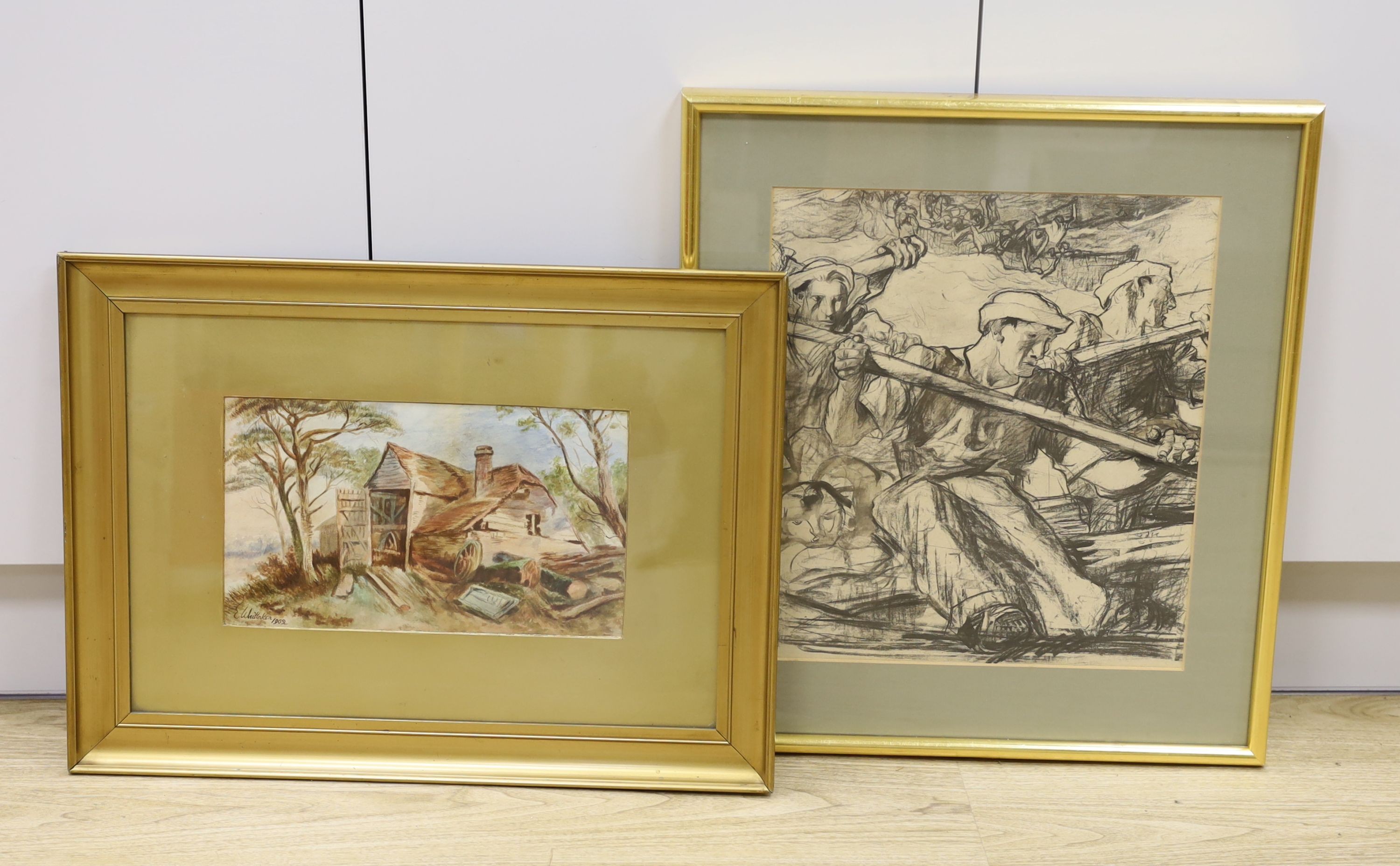 Sir Frank Brangwyn (1867-1956), lithograph, Oarsmen, 41 x 37cm and a watercolour of a mill by Whittaker, dated 1902